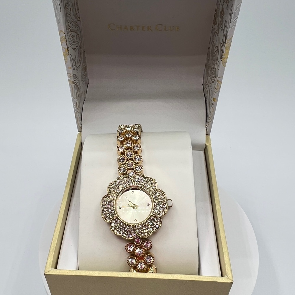 Charter Club Crystal Flower Bracelet Watch in Gold-Tone NWT - Picture 2 of 3